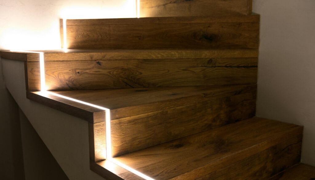 LED Strip Installation on Wooden Stairs